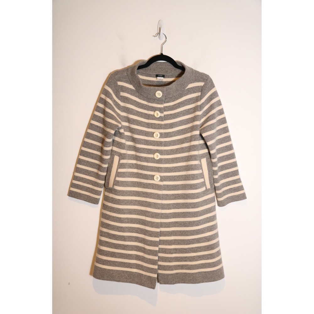 J. Crew Wool Cashmere Cardigan Coat Coatigan Medium Striped French Mock Neck Mod
